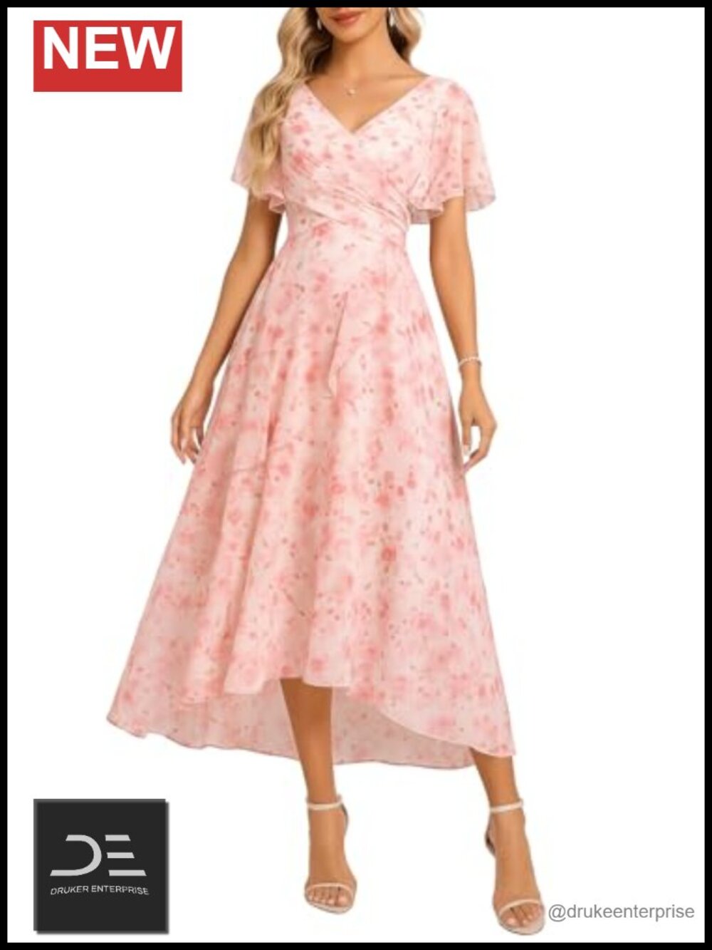 Women's Floral Wrap V-Neck Flutter Sleeve A-Line Midi Dress